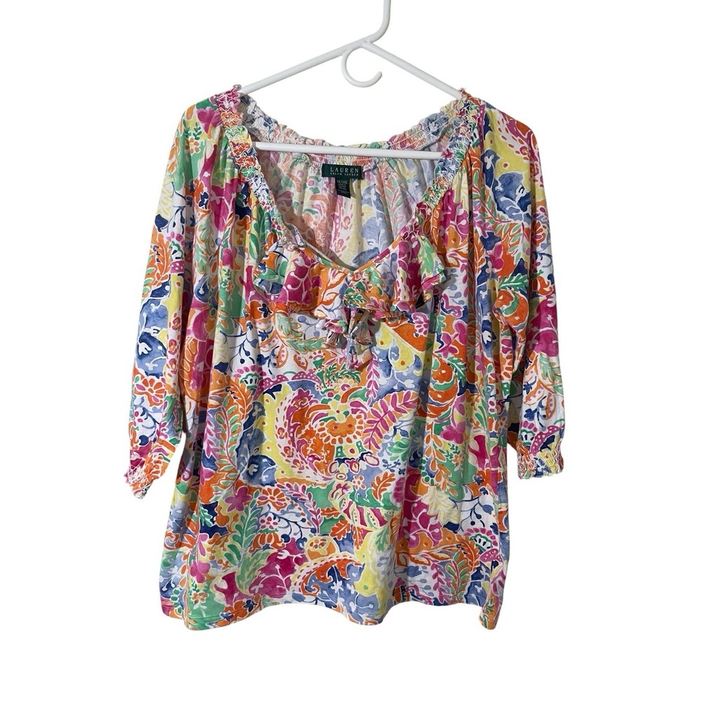 Lauren Ralph Lauren Women's 1X Colorful Floral Ruffle Front Top Resort Scoop